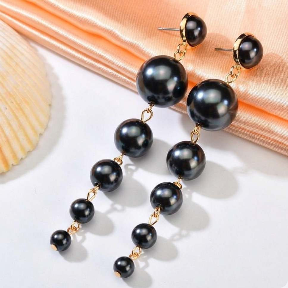 Black Pearl Drop Earrings – Elegant Multi-Layer Dangle Statement Earrings