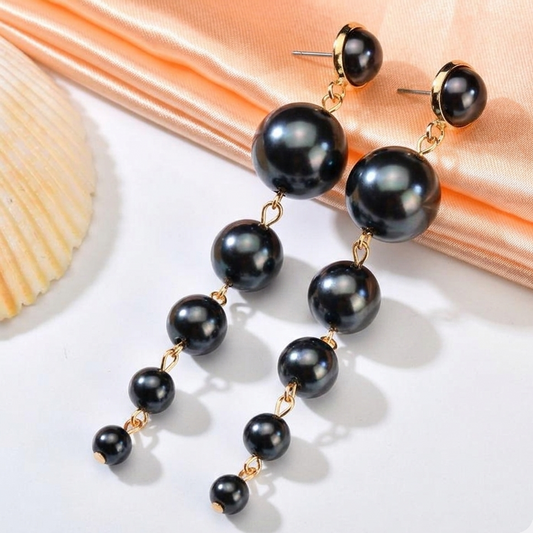 Black Pearl Drop Earrings – Elegant Multi-Layer Dangle Statement Earrings