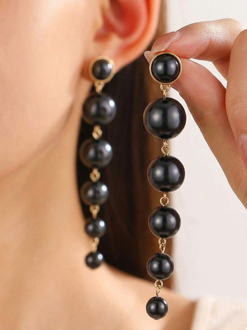 Black Pearl Drop Earrings – Elegant Multi-Layer Dangle Statement Earrings