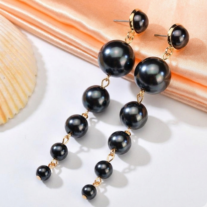 Black Pearl Drop Earrings – Elegant Multi-Layer Dangle Statement Earrings